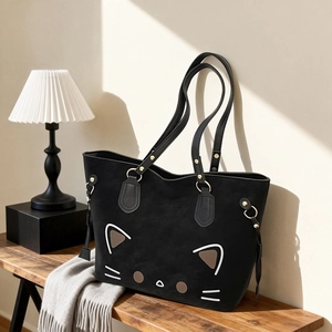 Große schwarze Tragetasche mit süßem Katzen-Print und langen Schulterriemen für Damen