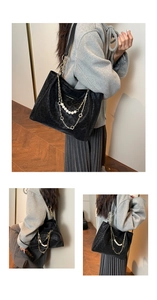 Detail of dark leopard print tote bag with pearl chain and adjustable shoulder straps
