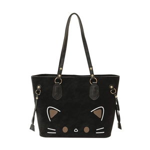 Black large tote bag with cute cartoon cat face detail and golden hardware rings