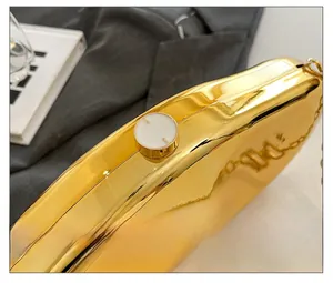 Detailed macro shot of the elegant gold mirror finish handbag and circular metal clasp