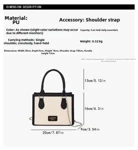 Detailed size chart of bicolor PU leather tote bag with dimensions and strap info
