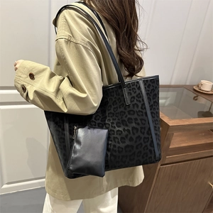 Leopard print faux suede tote bag with black leather trim and matching coin purse charm