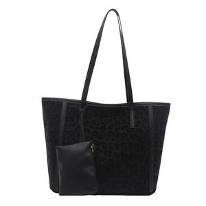 Chic black leopard embossed tote bag set with matching small zipper pouch for women