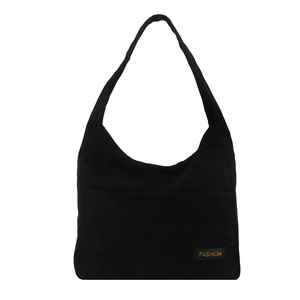 Grand sac cabas en velours côtelé noir pour femme avec design rétro et étiquette mode