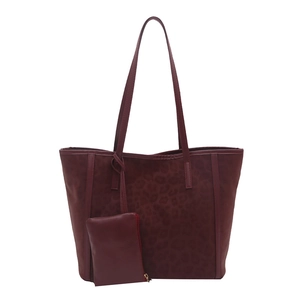Grand sac cabas bordeaux à motif léopard rétro avec pochette assortie pour femme