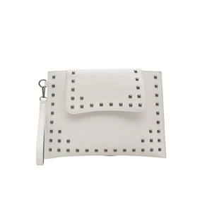 White punk style clutch with metallic square rivets and detachable wristlet strap