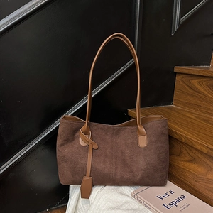 Retro brown suede tote bag with leather straps and minimalist stitching for women