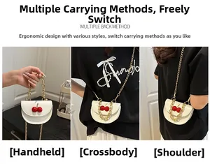 Detailed views of a white cherry printed crossbody bag shown in three carrying styles