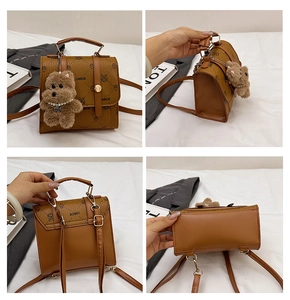 Detail view showing four angles of a brown mini backpack with bear prints and plush charm