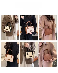 Detail shots of various mini tote bags with metal chain straps and patterned finishes