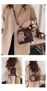 Three-way view of a dark brown vintage backpack with bear patterns and plush charm