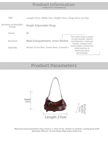 Detailed size chart and specifications for the vintage brown PU leather shoulder bag