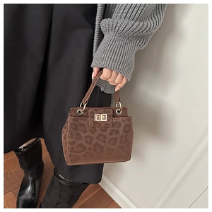 Detailed view of leopard print mini handbag with golden clasp held by a model