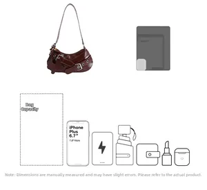 Deep brown crescent shoulder bag capacity guide showing space for phone and essentials