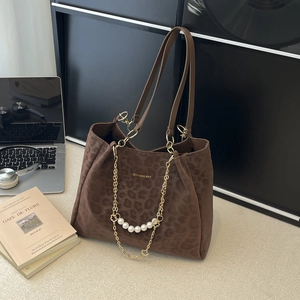 Brown leopard print suede tote bag with elegant pearl chain and gold metallic strap