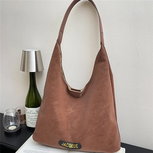 Brown large-capacity Hobo tote bag in suede texture with JACQUEUE logo label