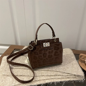 Retro leopard print square bag with gold lock and top handle for women's crossbody wear