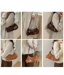 Detail shots of retro hobo bags in dark brown and caramel with decorative buckles