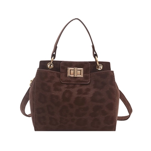 Brown leopard print bucket handbag with a golden twist lock and a round top handle