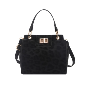 Minimalist black leopard flocking crossbody bag with golden square twist lock