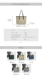 Size chart showing large diamond lattice tote bag dimensions 31x28x11cm and PU material