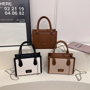 Checkerboard Pattern PU Leather Tote Bag With Metal Chain Strap Retro Small Square Handbag For Women Casual Commute