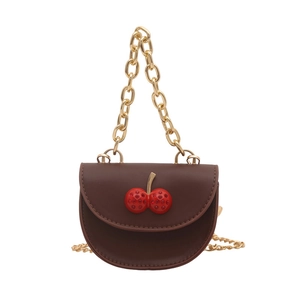 Mini brown semi-circle crossbody bag with cherry decoration and gold chain strap