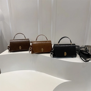 Women Shoulder Handbag PU Leather Retro Flap Square Crossbody Bag With Top Handle Elegant Minimalist Metal Lock