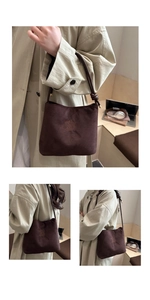Detail showing deep brown suede texture and knot accents on minimalist bucket bag