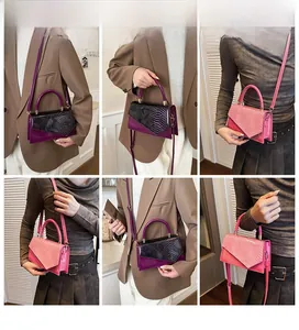 Detail view of crocodile pattern flap and glossy leather crossbody bags on models