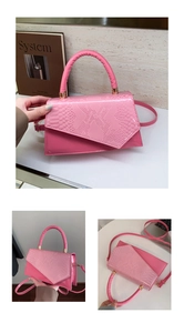 Detail of pink patent leather handbag featuring snake-skin texture and asymmetric flap