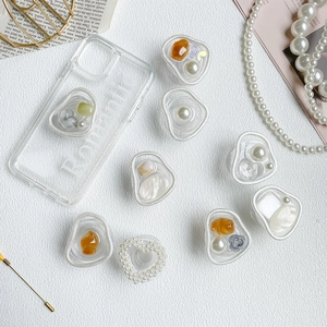 Romantic clear phone case with marble style pearl grip stand and gold flower accents