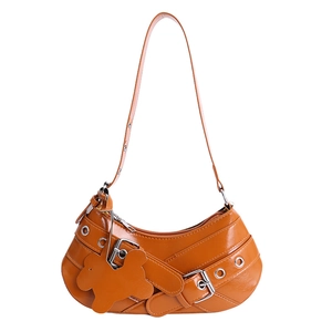 Brown faux leather half-moon baguette bag with punk metal buckles and rabbit charm