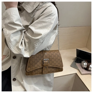 Close-up of brown monogram crossbody bag with silver chain strap and metal buckle