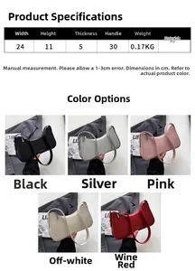Detailed size chart and five color options for the French-style PU leather baguette bag