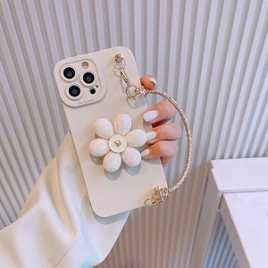 Cream iPhone floral case with 3D flower stand and gold metal wrist chain strap