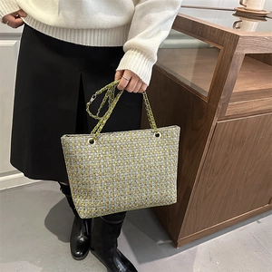 Large plaid tweed tote bag with gold chain strap for casual commuting and daily use