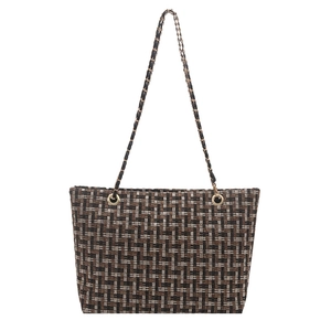 Fashionable tweed tote bag with metal chain straps and chic plaid texture for women