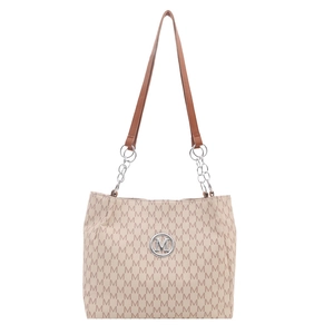 Sac cabas beige à monogramme avec bandoulière en cuir marron et logo M argenté