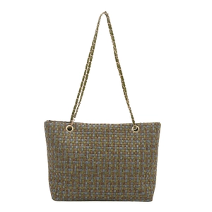 Retro plaid checkered woven crossbody bag with green chain strap and metal clasp on white background