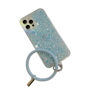 Glittering light blue iPhone case with sequins and a matching silicone ring wrist strap