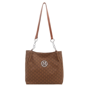 Brown leather tote bag with M-letter monogram print and silver metal logo buckle