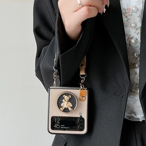 Sparkling fold screen phone case with golden bear stand and long shoulder strap for Z Flip