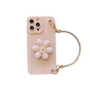 Chic iPhone 16 Pro Max case with 3D white flower stand and pearl-texture hand strap
