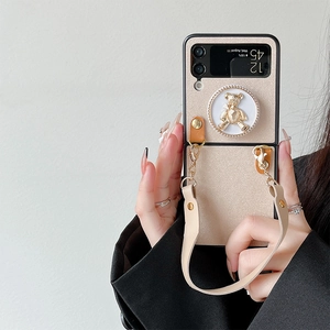 Champagne gold glitter phone case for Galaxy Z Flip with 3D bear stand and leather lanyard