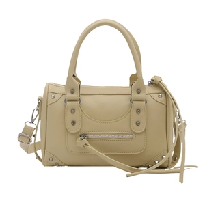 Vintage beige Boston handbag with stud accents and detachable crossbody shoulder strap