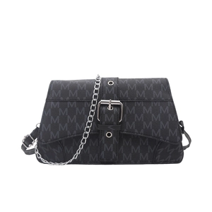 Retro black crossbody bag with grey M pattern, silver chain, and buckle detail