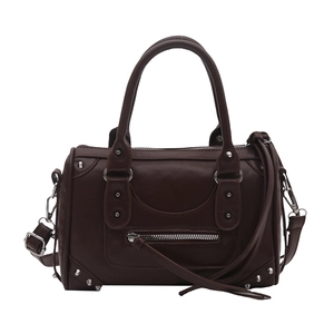 Dark brown motorcycle-style boston bag with silver rivets and leather zipper tassels