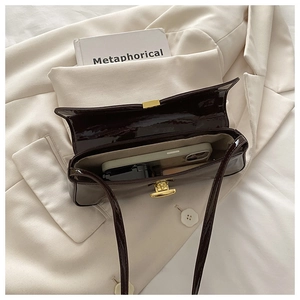 Detailansicht der braunen Lacklederhandtasche mit Innenraum für Handy und Make-up