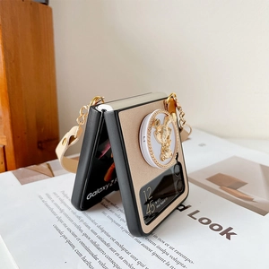 Champagne gold glitter phone case with gold bear stand and cream leather strap for Z Flip